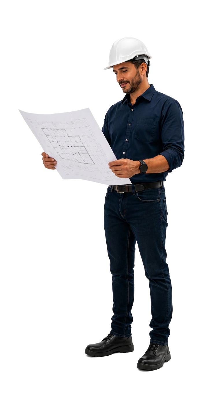 Engenheiro analisando planta de imóvel